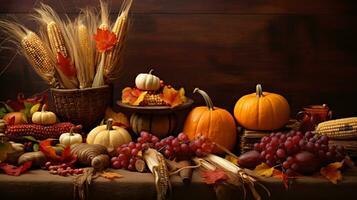 Thanksgiving and the Harvest Feast day, a day of giving thanks for the blessings of the harvest and of the preceding year. A table full of food, vegetable and fruit. AI Generated. photo
