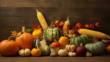 Thanksgiving and the Harvest Feast day, a day of giving thanks for the blessings of the harvest and of the preceding year. A table full of food, vegetable and fruit. AI Generated. photo