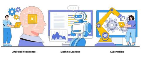 artificial inteligencia, máquina aprendiendo, automatización concepto con personaje. negocio eficiencia resumen vector ilustración colocar. inteligente algoritmos, datos analítica, Toma de decisiones automatización