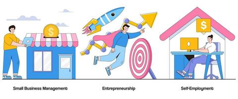 Small business management, entrepreneurship, self-employment concept with character. Business ownership abstract vector illustration set. Entrepreneurial spirit, small business journey metaphor
