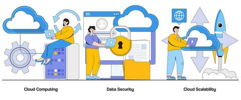 nube informática, datos seguridad, nube escalabilidad concepto con personaje. negocio nube resumen vector ilustración colocar. nube integración, datos privacidad, sin costura accesibilidad metáfora