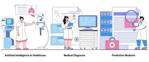 Artificial intelligence in healthcare, medical diagnosis, predictive medicine concept with character. Business health ai abstract vector illustration set. Ai-assisted diagnostics, medical insights