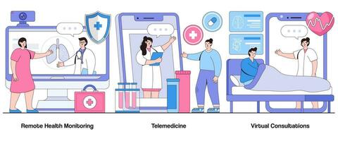 Remote health monitoring, telemedicine, virtual consultations concept with character. Business telehealth abstract vector illustration set. Remote diagnostics, digital healthcare access metaphor