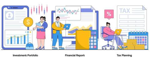 Investment portfolio, financial report, tax planning concept with character. Wealth management abstract vector illustration set. Asset allocation, fiscal responsibility, financial strategy metaphor