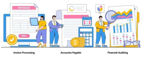 Invoice processing, accounts payable, financial auditing concept with character. Financial transparency abstract vector illustration set. Invoice verification, financial scrutiny, audit trail