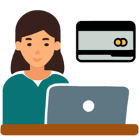 Woman with laptop and credit card,   illustration png