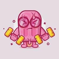 cute pink popsicle ice cream character mascot doing bodybuilding using dumbbell isolated cartoon in flat style design vector