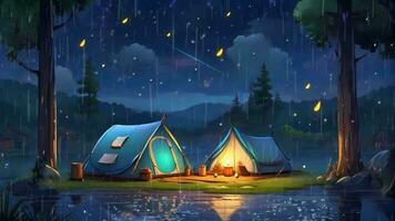 ai generativo, tenda nel il foresta pluviale a notte video