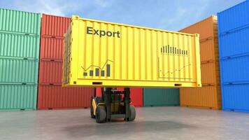 Forklift lifts a container with the word Export and business graph video