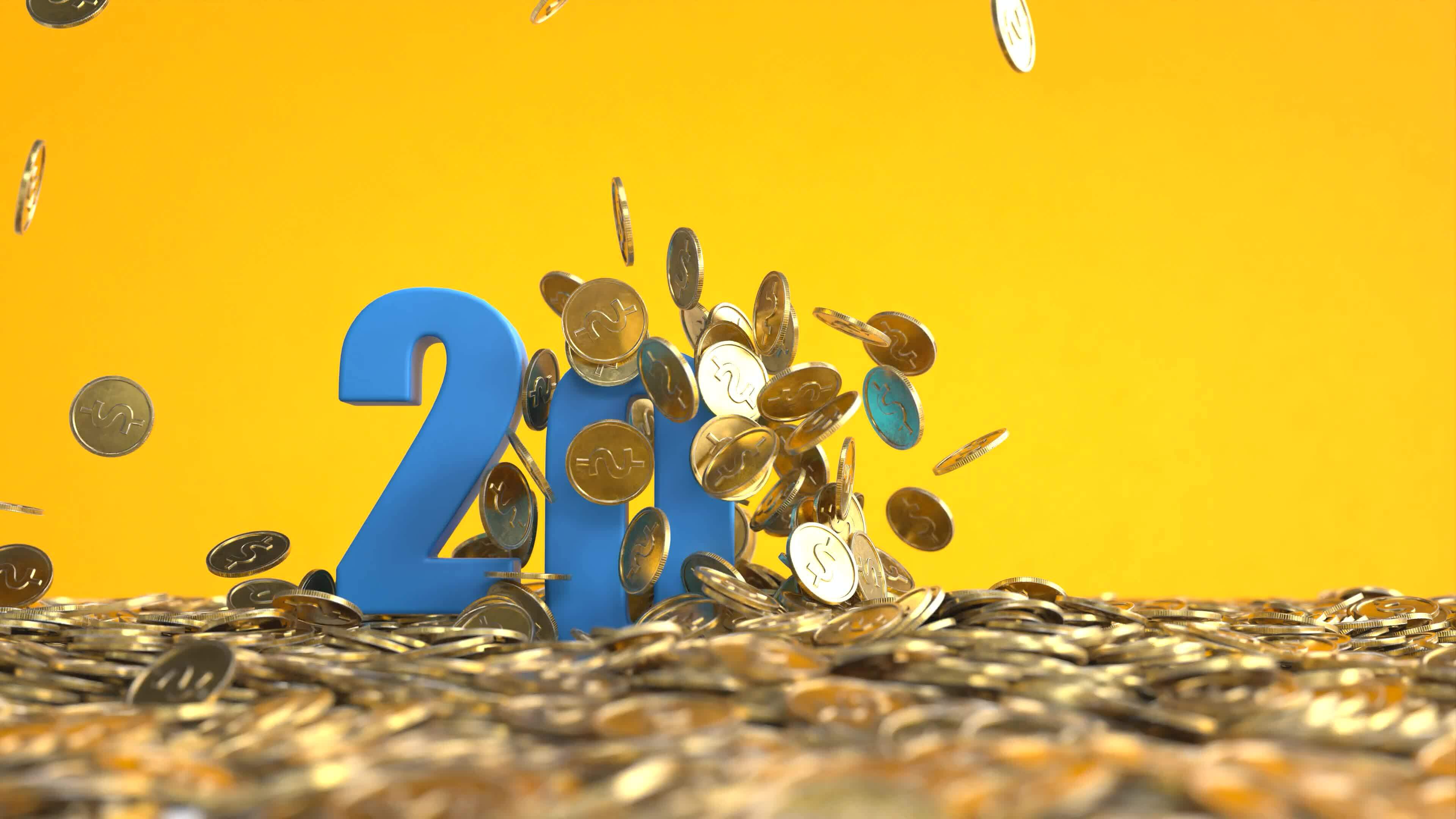 The number 2024 rise from the pile of gold coins, The Business concept