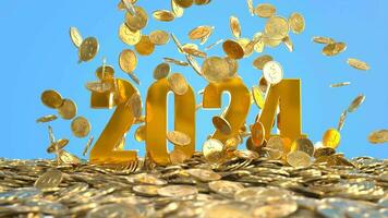 Golden numbers 2024 rise from the pile of gold coins, The Business concept video