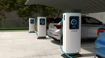 elettrico macchine siamo essere carico nel veicolo parcheggio con solare pannello energia, ev ricarica stazione, pulito energia Riempimento tecnologia. video