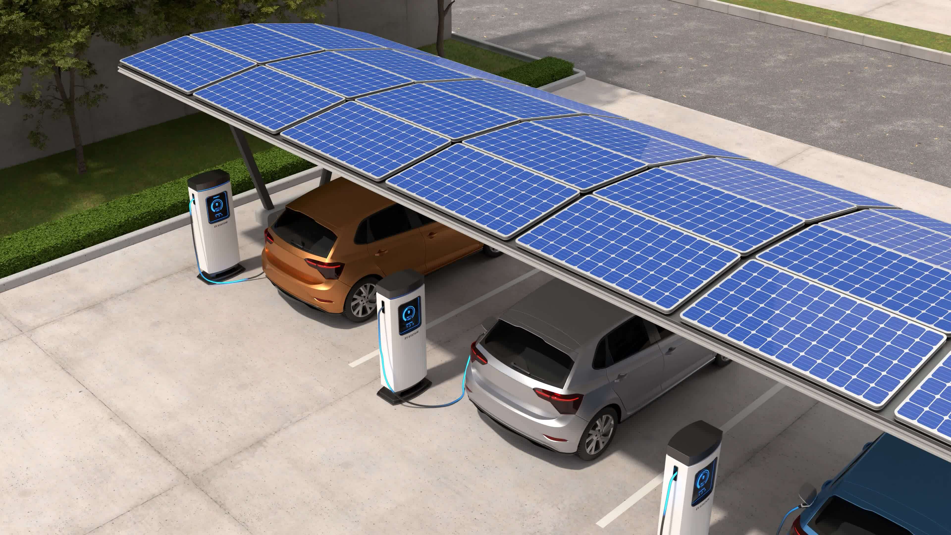 Electric cars are being charged in vehicle parking with solar panel