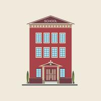 Classic low-rise school building front view. Colorful flat vector illustration.