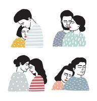 Set of couples in love. Portraits of loving guy and girl. Gentle hugs and kisses collection. Colorful vector illustration in cartoon style.