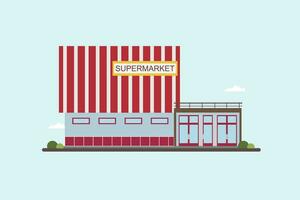 Low-rise supermarket building front view. Colorful flat vector illustration.