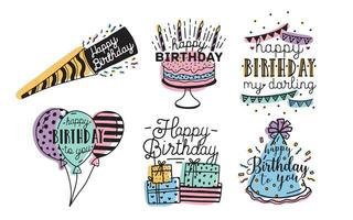 Cute happy birthday greetings inscriptions design collection. Colorful hand drawn lettering vector illustration set on white background.