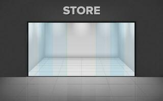 Empty illuminated store. Realistic exterior. Shop with glass showcase. View from the outside. Vector illustration.