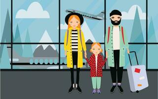 Family at airport. Trendy young couple with baby and luggage. Horizontal banner with mountains and airplane on background. Colorful vector illustration in cartoon style.