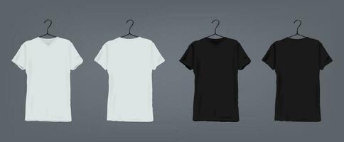 conjunto de realista blanco y negro unisexo clásico camiseta con redondo escote en Saco percha. frente y espalda vista. vector ilustración colección en gris antecedentes.