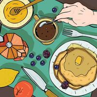 Breakfast top view. Square illustration with luncheon. Healthy, fresh brunch- coffee, pancakes and fruits. Colorful hand drawn vector illustration.