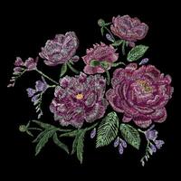 Embroidered composition with peonies, wild and garden flowers, buds and leaves. Satin stitch embroidery, floral design on black background. Folk line trendy pattern for clothes, dress, fabric, decor. vector