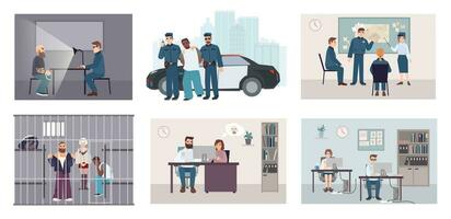 Different situations in police station. Colorful set featuring police work- arrest, interrogation, identikit, meeting, investigation. Flat illustration vector collection.