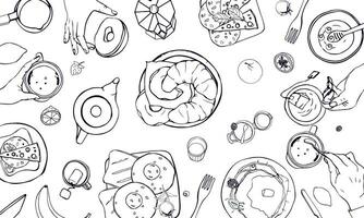 Horizontal illustration on breakfast theme. Black and white vector hand drawn table with drink, pancakes, sandwiches, eggs, croissants and fruits. Top view.