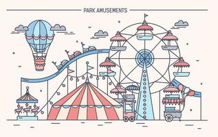 Nice horizontal banner of amusement park. Circus, ferris wheel, attractions, side view with aerostat in air. Colorful line art vector illustration.