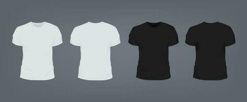 Set of realistic white and black unisex slim-fit t-shirt with round neckline. Front and back view. Vector illustration collection on gray background.