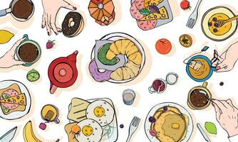 horizontal publicidad ilustración en desayuno tema. vistoso vector mano dibujado mesa con beber, panqueques, sándwiches, huevos, croissants y frutas parte superior vista.