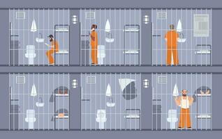 Colorful illustration featuring prisoners behind the bars. People in orange uniform. escape get out through wall in cell. Prison inmates. Flat cartoon vector. vector