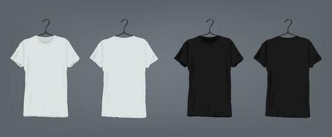 conjunto de realista blanco y negro unisexo clásico camiseta con cuello en v en Saco percha. frente y espalda vista. vector ilustración colección en gris antecedentes.