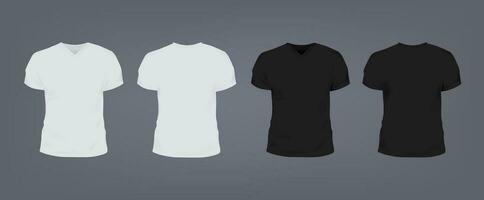 Set of realistic white and black unisex slim-fit t-shirt with v-neck. Front and back view. Vector illustration collection on gray background.