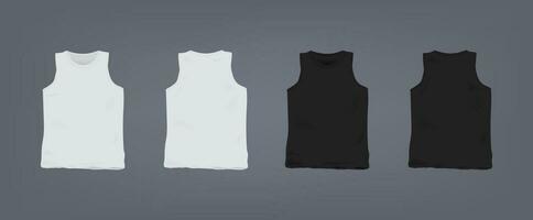 Set of realistic white and black unisex sleeveless t-shirt. Front and back view. Vector illustration collection on gray background.