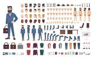 Businessman character constructor. Male clerk creation set. Different postures, hairstyle, face, legs, hands, accessories, clothes collection. vector cartoon illustration. Guy, front, side, back view.