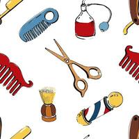 Hand drawn barbershop seamless with accessories- comb, razor, shaving brush, scissors, barber's pole and bottle spray. Colorful vector illustration pattern on white background.