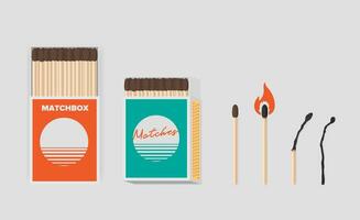 Match and matchbox set. Sticks in open cardboard packs. Matchstick with sulfur, burning and burned. Colorful flat vector illustration.