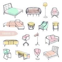 Set of various furniture. Hand drawn different types sofas, chairs and armchairs, bedside tables, beds, tables, lamps collection. Colorful vector sketch illustration.