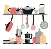 Kitchenware on shelf and table. stylized hand drawn vector illustration on white background.