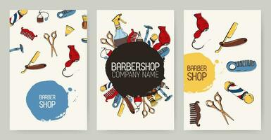 Set of different barbershop advertising backgrounds. Colorful backdrops with tools. Vector templates collection.