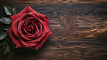 Rose on wood table, topview, Generative AI photo