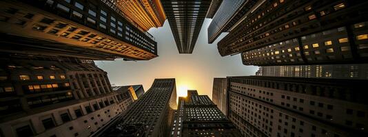 central negocio distrito, oficina edificio bajo ángulo fotografía, generativo ai foto