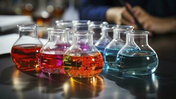 Science Supplies and researcher at laboratory, Generative AI photo