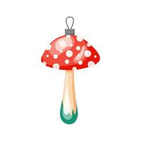 Christmas tree toy in shape of fly agaric on rope. Cartoon style. Vector illustration isolated on a white background.