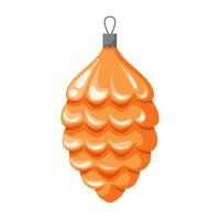 Christmas tree toy in the shape of a pine cone. Classic festive gold bright decor. Cartoon style. Vector illustration isolated on a white background.