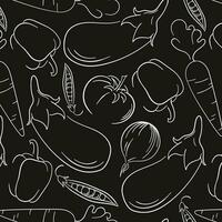 Vegetables seamless pattern in line art style. Hand drawn doodle fresh vegetable. Vector illustration on a black background.