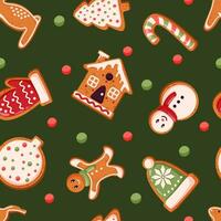 Gingerbread cookies seamless pattern in cartoon style. Winter baked goods in shape of house, gingerbread man, christmas tree, reindeer, mitten, snowman. Vector illustration.