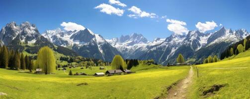 Idyllic mountain landscape in the Alps with blooming meadows in springtime, morning light, copy space, Generative AI photo