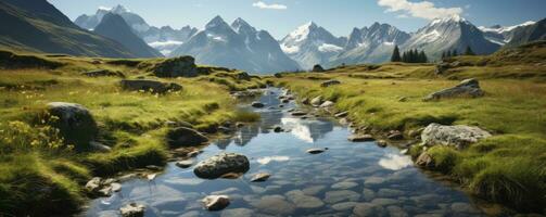 Idyllic mountain landscape in the Alps with blooming meadows in springtime, morning light, copy space, Generative AI photo